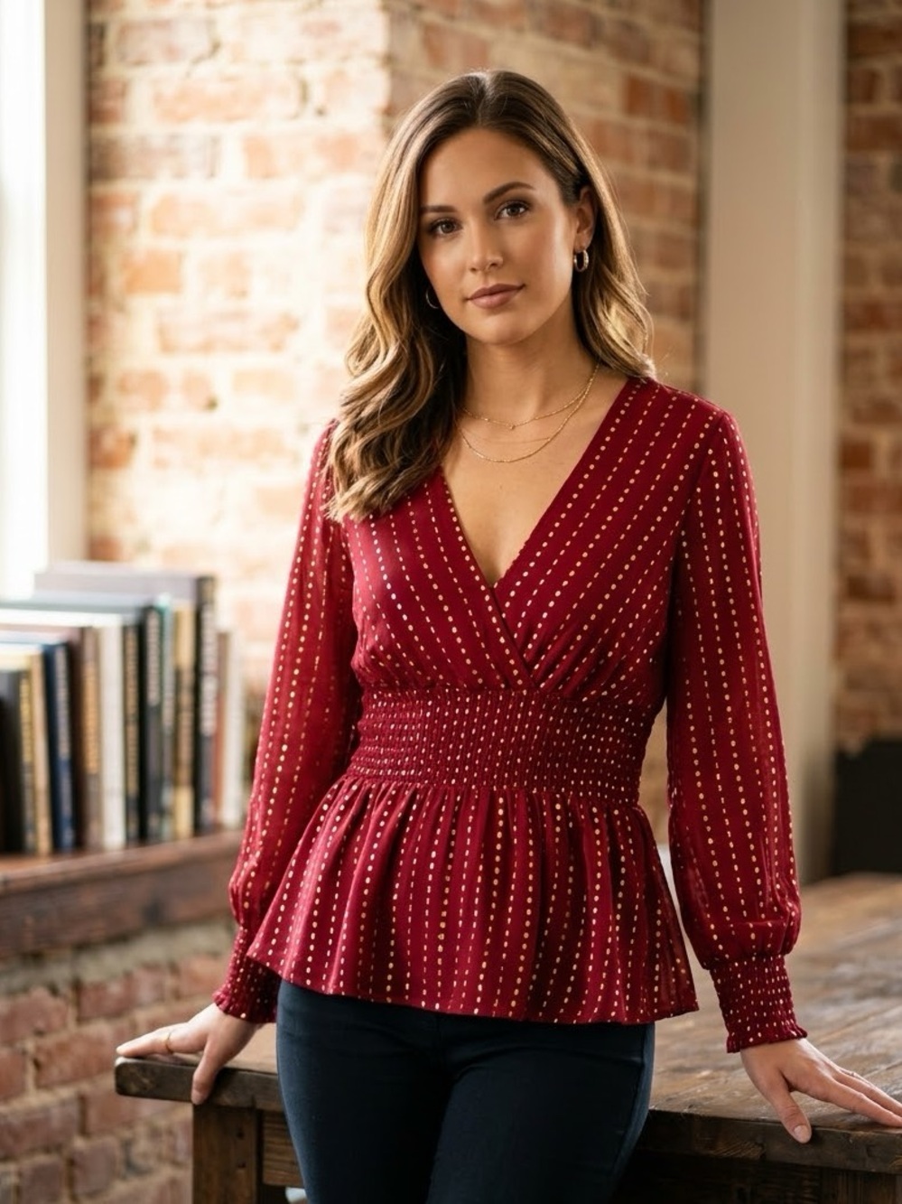 NWT Harvé Benard Gold Foil Metallic Dot Smocked Peplum Blouse Cranberry L